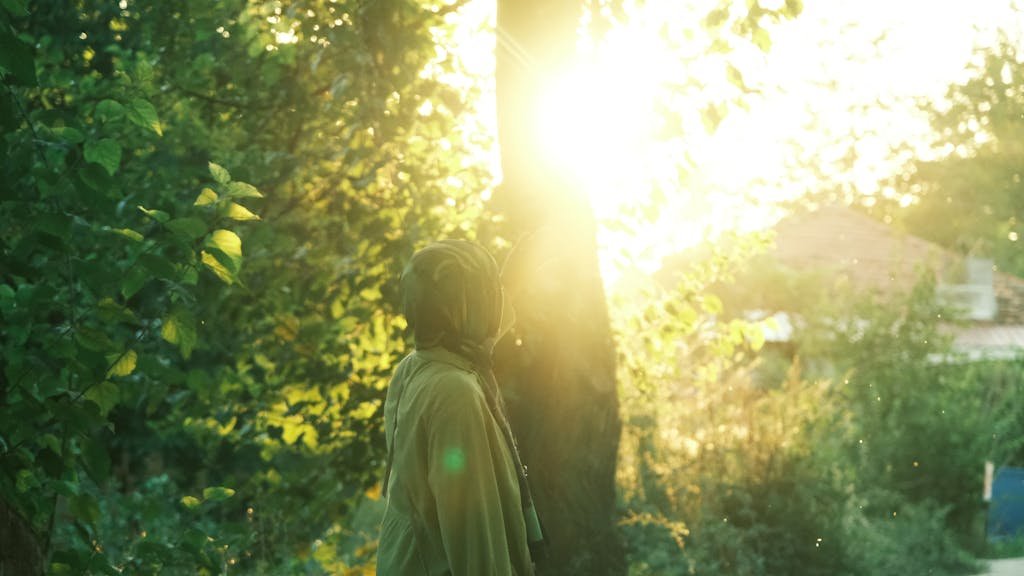 A person standing in a sun-dappled forest, capturing tranquility and light.