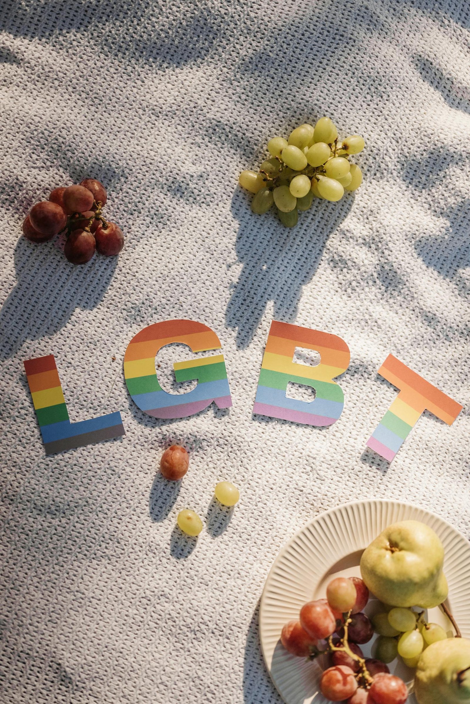 Top view of LGBT letters on a picnic blanket with fruits and a plate in natural lighting.